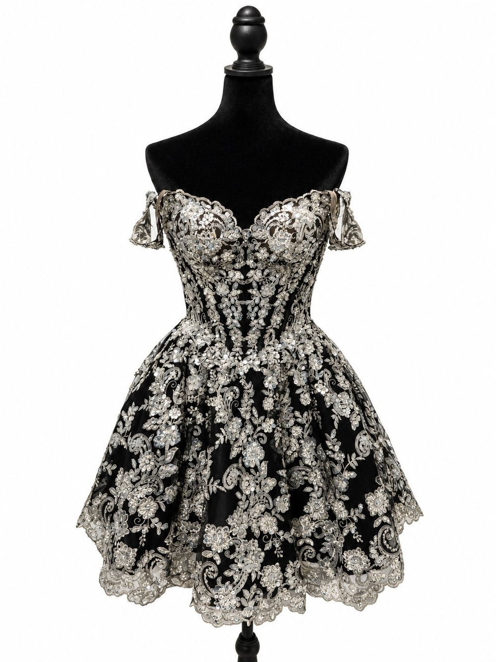 Sherri Hill Black & Silver Off-Shoulder With Cap Sleeve Lace Appliqué Mini Dress